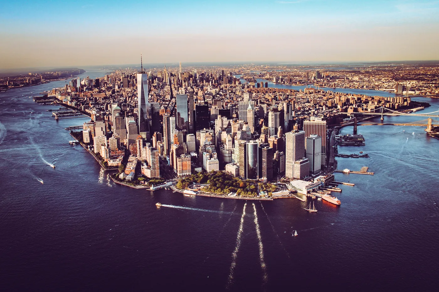 NYC skyline above the East River near Pier 6, where the Downtown Manhattan Heliport sits.